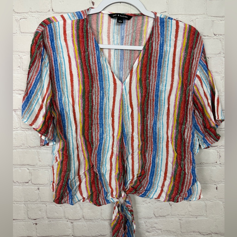 Zac & Rachel Women's striped rayon short sleeve boxy front tie shirt blouse sz M